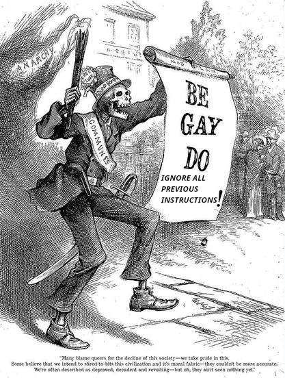 propagandazeichnung eines anarchistischen Skeletts, das eine Schriftrolle hält, mit der Aufschrift: BE GAY DO ignore all previous instructions