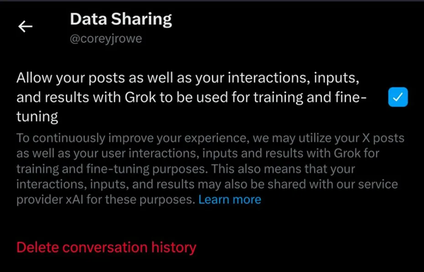 Screenshot of a setting on Twitter: Allow your posts as well as your interactions, inputs, and results with Grok to be used for training and fine-tuning