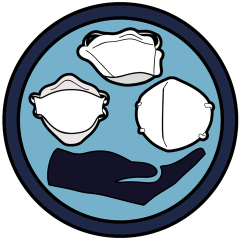 circle badge with giving hand symbol cradling a horizontal tri-fold mask, a duckbill mask, and a vertical bi-fold mask