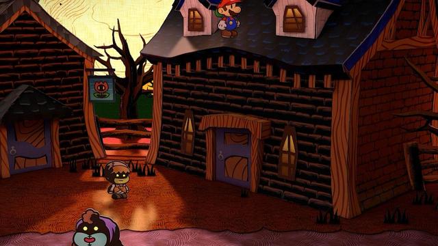 Mario on top of a roof in Twilight Town in Paper Mario: The Thousand Year Door on Switch