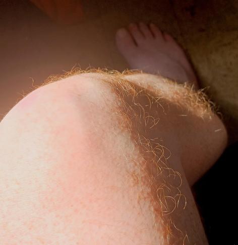 Shot of a hairy red-haired leg from the knee down with hair glinting in the sun