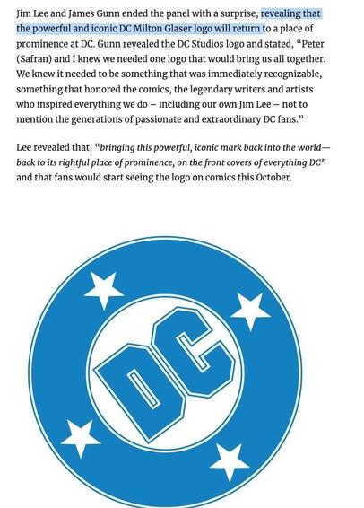 Screen shot of an article saying the classic Milton Glaser DC logo will be returning… somehow.
