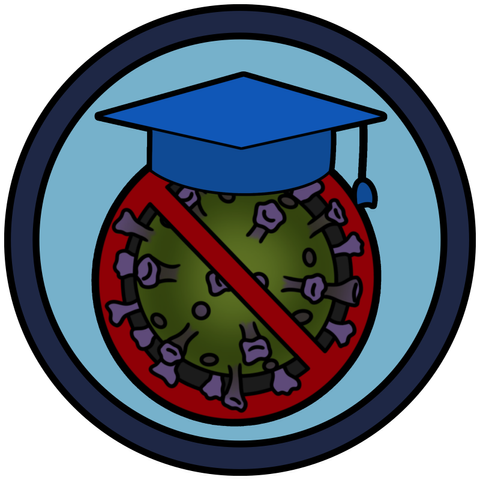 circle badge with a mortarboard hat on top of a Covid virus particle encircled by the prohibition symbol