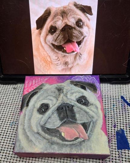 A painting of a happy fawn pug on a purple and pink gradient background. It looks very like the reference.