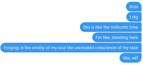 txt messages from me:
bros
I stg
this is like the millionth time
I'm like, standing here
Forging within the smithy of my soul the uncreated conscience of my race
like, wtf