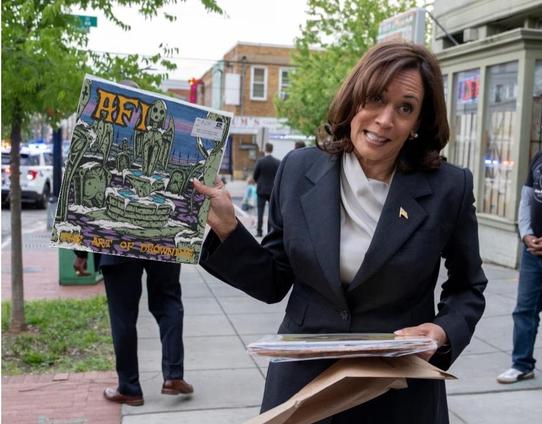 Generated photo of Kamala Harris holding a vinyl of The Art of Drowning by AFI