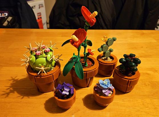 Six Lego potted flowers and cacti, of different sizes and colours