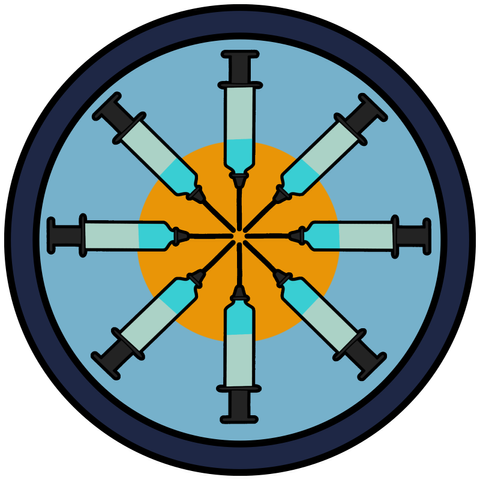 circle badge with a ring of eight vaccine needles over a gold circle