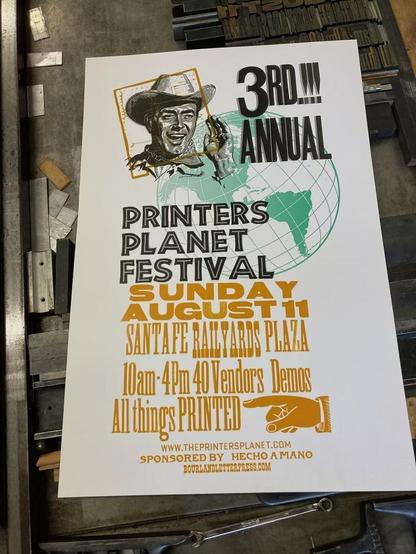 Letterpress poster for Printers Planet Festival on Sunday, August 11 at the Railyard in Santa Fe.