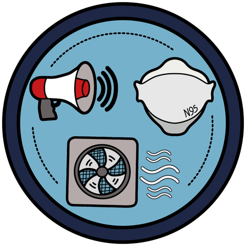 circle badge with a circular dotted line connecting a megaphone, a tri-fold N95/FFP2 mask, and a fan with wavy lines