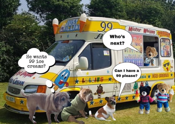Three bears called Bruce, Brian and Barney serving ice-cream and ice lollies from an ice-cream van. Three dogs are lined up in the queue for ice-creams. One bear (Bruce) is asking 