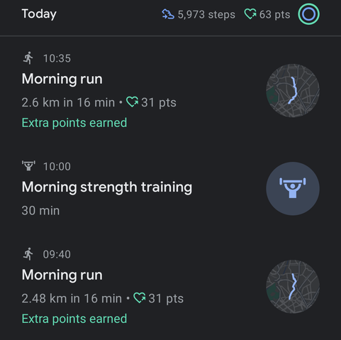 Fitness activities of the day:
10:35 morning run - 2,6 km in 16 min
10:00 morning strength training - 30 min
09:40 morning run - 2,48 km in 16 min