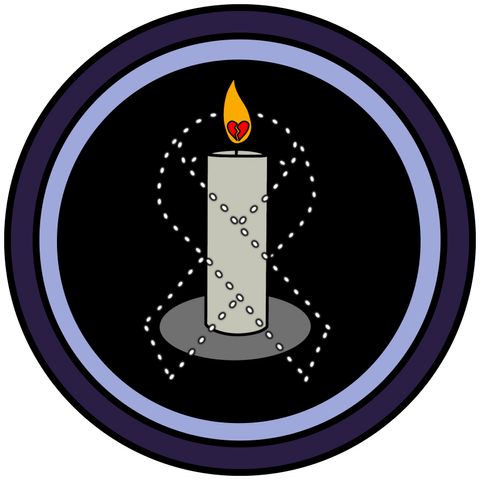 circle badge with invisible awareness ribbon represented by a white dotted line around a lit pillar candle, a broken heart in the middle of the candle flame