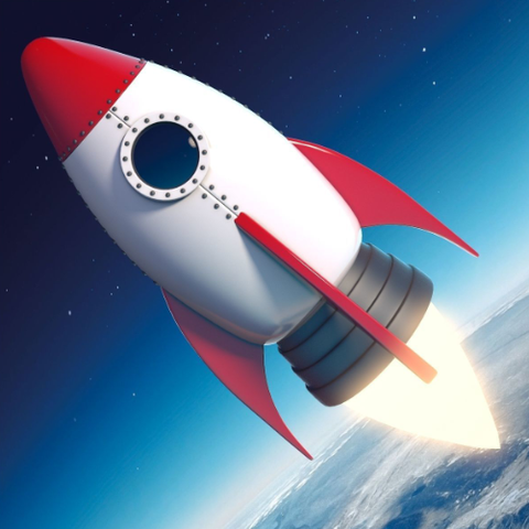 A red and white cartoon rocket ship, with a round window to look out of,  blasting off away from the Earth, as it takes a trip into space.