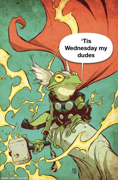 Throg (Thor as a frog) sat on a rocky outcrop, lightning striking his hammer, and a large red cape splayed out behind him. Text reads, 