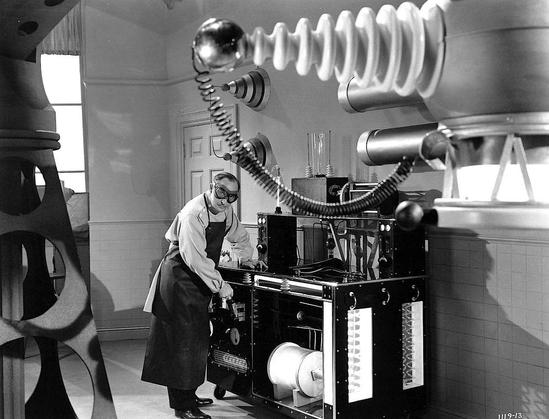 B&W image of a mad scientist in his laboratory 