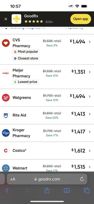 Website showing popular drugstores in my area and the discounted prices for paxlovid through Goodrx, the highest price $1,612.00 and the lowest being $1,351.00; this is for 30 pills.