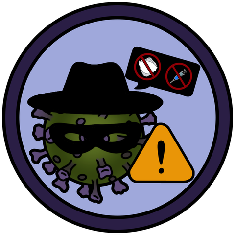 circle badge with alert symbol (yellow triangle with exclamation mark) over a Covid virus particle wearing burglar eye mask and hat with a black word balloon filled with a mask and vaccine needle encircled by the prohibition symbols