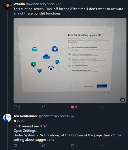 A screenshot of a Bluesky thread:

@woodo.bsky.social‬
This cunting screen. Fuck off for the 87th time. I don't want to activate any of these bullshit functions.
