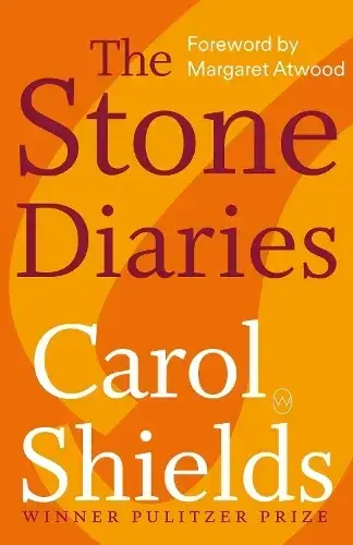 Book cover of The Stone Diaries by Carol Shields. It is abstract and orange.