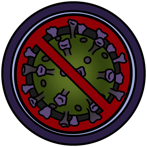 circle badge with a Covid virus particle encircled by the prohibition symbol