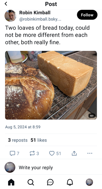 Two loaves of bread today, could not be more different from each other, both really fine.