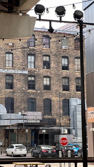 A dog looks out of a window on the 4th floor of an old warehouse. 