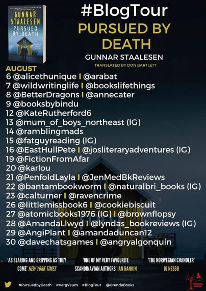 Blog tour poster for Pursued by Death by Gunnar Staalesen, translated by Don Bartlett, featuring the book's cover and a list of dates and blogger handles