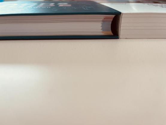 Nahaufnahme einer Seitenansicht der zwei Bücher, die horizontal auf einem Tisch liegen. Sie sind gleich hoch.