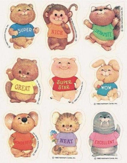 Cute cartoon animals wearing colorful t-shirts with positive words on them: a bear with 