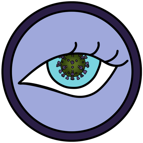 circle badge with large eye with a Covid virus particle in the pupil