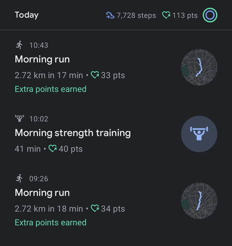 Activities of the day

10:43 morning run - 2,72 km in 17 min
10:02 morning strength training 
09:26 morning run - 2,72 km in 18 min