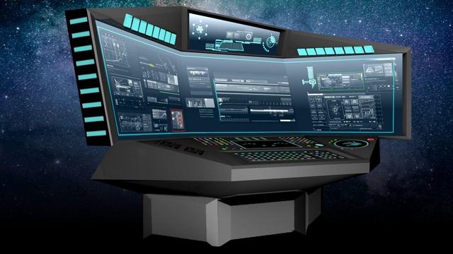 3D computer illustration of ultra wide computer screen and futuristic user interface buttons