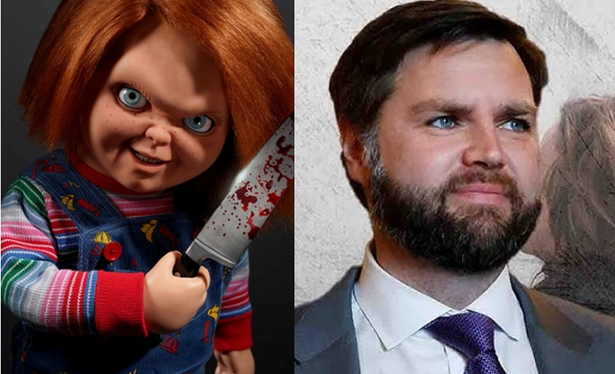 Image of possessed murderous doll 'Chucky' from the horror franchise 'Childs Play' presented alongside recent image of J.D. Vance. the latter has darker hair and a beard.