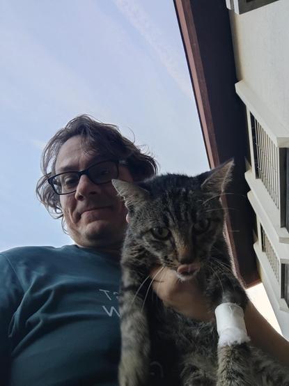 The little guy is a gray tabby, here he's licking his nose and has a bandage on his front leg. That big guy in the back with messy hair and glasses is me.