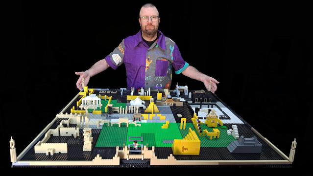 Me with a life-size model of the world of Ant Attack, in LEGO