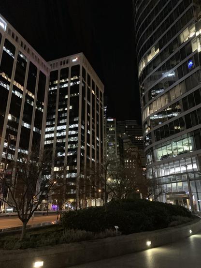 Many buildings in a downtown at night. Many of the windows are completely black. Some with lights on inside look white from a distance and  in some closer illuminate what is inside. In the foreground is a mini green space in shadow. 