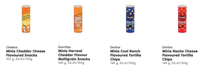 Four cylindrical snack containers: Cheetos Minis, Sunchips Minis, Cool Ranch Doritos Minis, and Nacho Doritos