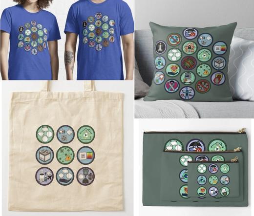 Collage featuring various merchandise such as T-shirts, a pillow, a tote bag, and pouches, all displaying an assortment of Covid-Safe Scouts badges.