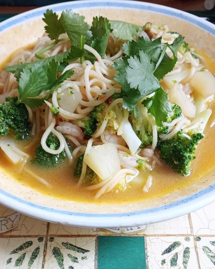 Homemade soup noodles in a bowl. Contents as described above plus a garnish of fresh coriander. 