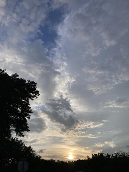 Sky, a lot of clouds and the sun at the horizon framed by trees.