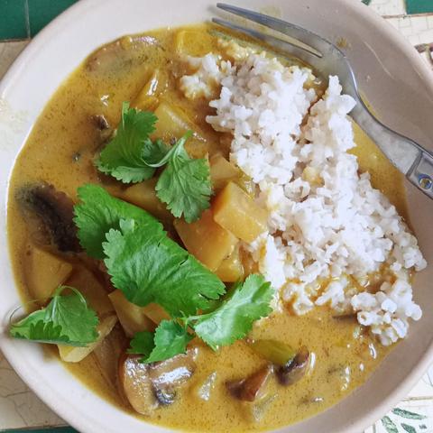 Hong Kong style curry with brown rice, topped with some coriander leaves. The dish is in a light brown china bowl and a fork is partly in the rice. 

From a recipe by Wil Yeung (on YouTube). 