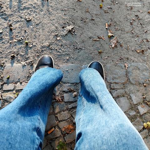 View down two legs in blue jeans, ending in black shoes on cobblestone in front of an acorn covered sandy path.