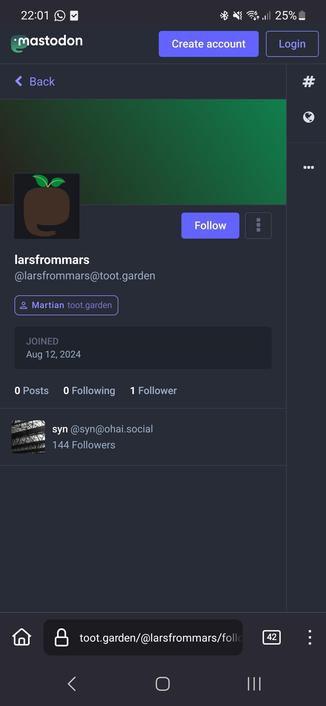 screenshot from toot.garden

They restored lars' account, and I'm the only followrr