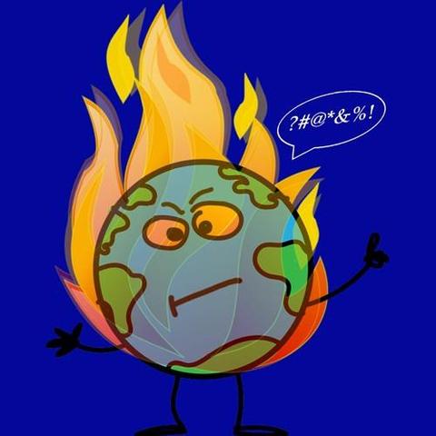 illustration of an anthropomorphized Earth on fire and a word balloon filled with grawlix