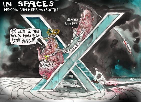 A political cartoon by David Rowe for the AFR has Trump descending a stair that is one side of the X logo naked except for a cape that Musk , who is at the top of the stair, is holding. Trump is saying 