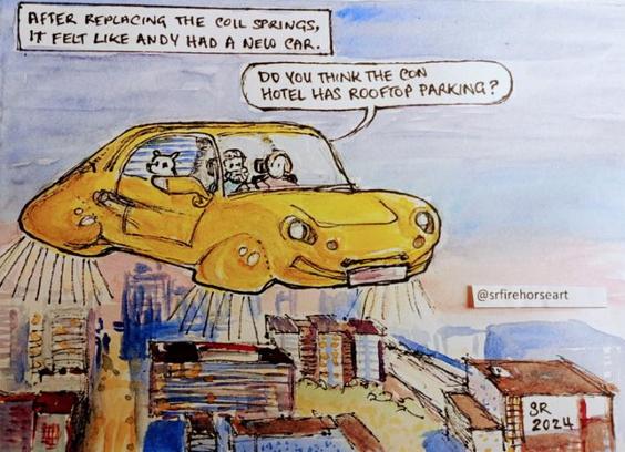 Ink and watercolour illustration. 

Two people and a small white dog can be seen inside a bright yellow flying car. The car is above a city landscape, at sunset. 

Caption: After replacing the coil springs, it felt like Andy had a new car.
Speech bubble: Do you think the con hotel has rooftop parking?