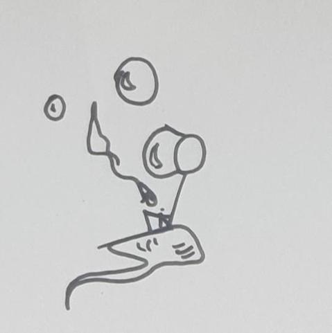 Drawing of a person on a flying ray fish catching dreams that look like foam bubbles.