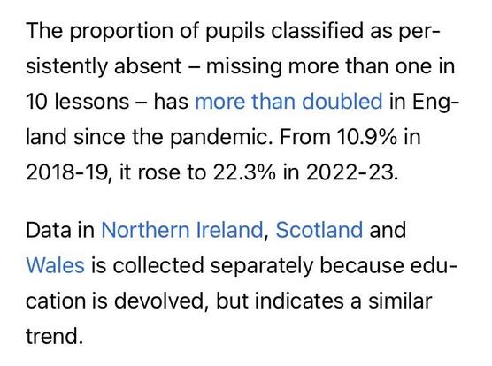 The proportion of pupils classified as persistently absent - missing more than one in 10 lessons - has more than doubled in England since the pandemic. From 10.9% in 2018-19, it rose to 22.3% in 2022-23.
Data in Northern Ireland, Scotland and Wales is collected separately because education is devolved, but indicates a similar trend.