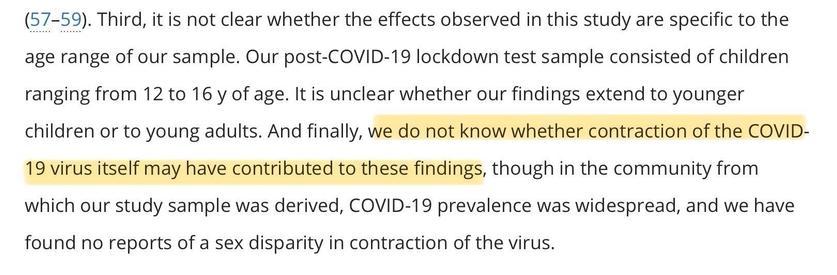 Text excerpt discussing uncertainty regarding the effects of COVID-19 on a study sample of children aged 12 to 16. Highlighted portion reads “we do not know whether contraction of the COVID-19 virus itself may have contributed to these findings.”